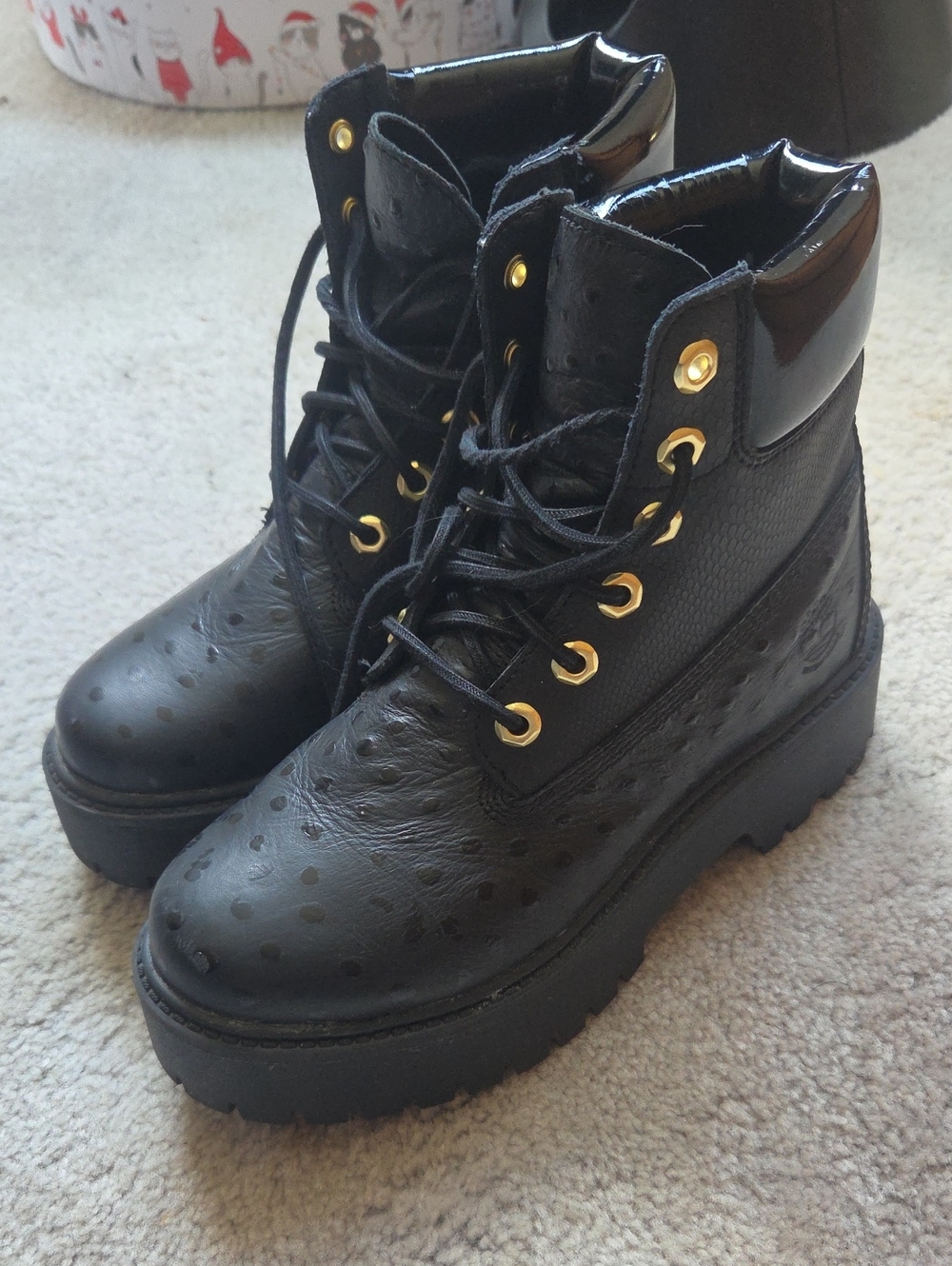Timberland Black Lace-Up Platform Boots with Gold Eyelets